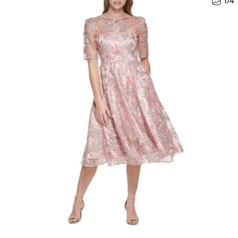 Eliza J Pink Embroidered Lace Overlay Fit & Flare Midi Dress Girly Glinda Spring - Picture 3 of 14